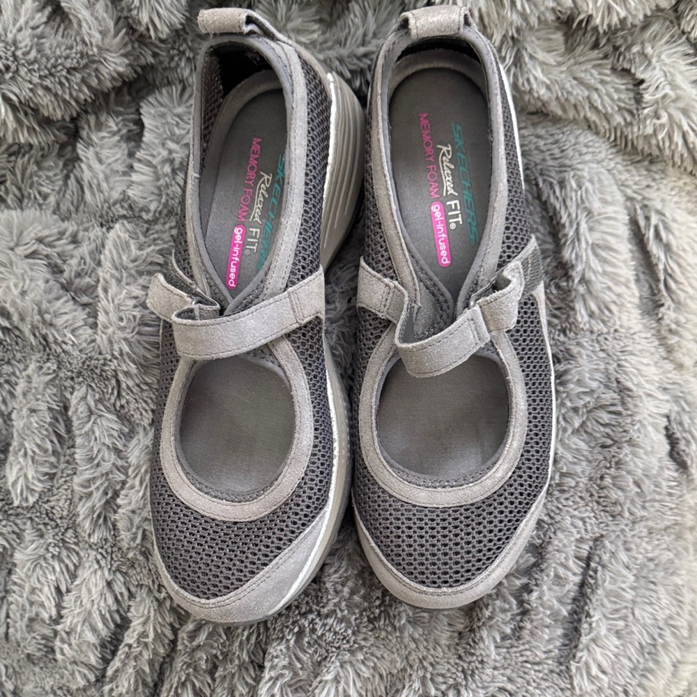 Skechers Gray Mesh Mary Jane Sandals with Hook-and-Loop Strap